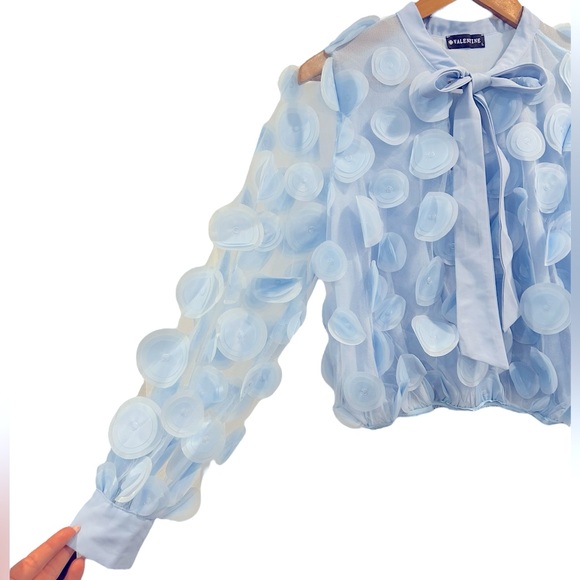 French Retro 3D Circle Detail Chiffon Bow Neck Tie Sheer Blouse Euro Billowy L - Picture 4 of 7